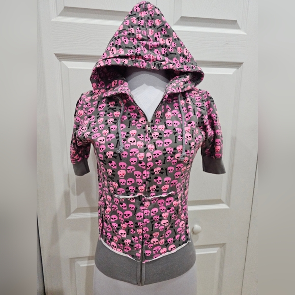 Rare Vintage Punk Y2K 2000's Loyal Army Pink & Gray Skull Zip Hoodie Top M - Picture 1 of 11